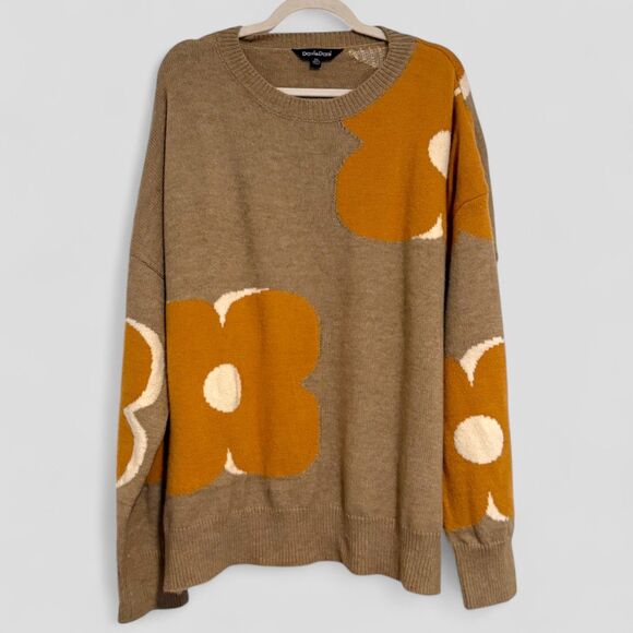 Davi & Dani Large Flower Print Women's Sweater Beige Orange Loose Fit Size 3XL - Picture 1 of 8